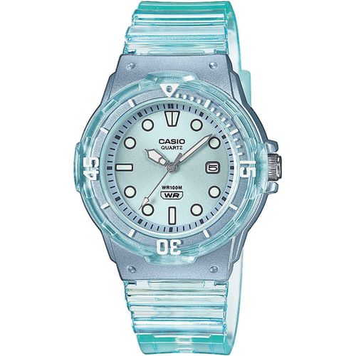 Quarzuhr, blau (türkis, transparent), CASIO TIMELESS COLLECTION, Armbanduhren, Kinder, Armbanduhr, Mädchen, bis 10 bar wasserdicht, Leuchtzeiger