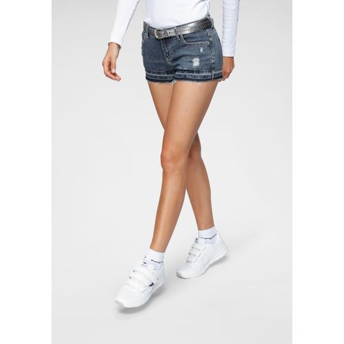 Jeansshorts KANGAROOS, Damen, Gr. 42, N-Gr, schwarz (evi), Obermaterial: 80% Baumwolle, 18% Polyester, 2% Elasthan, Destroyed-Effekte, Basic, figurbetont kurz, Jeans, kurze Hose, mit Destroyed-Effekten, niedrige Leibhöhe