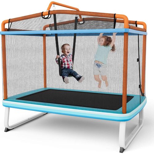 COSTWAY 3 in 1 Kindertrampolin, Gartentrampolin rechteckig mit Schaukel, Reckstange, Fitness Trampolin mit Sicherheitsnetz & Randabdeckung, Indoor-/Outdoortrampolin 190 x 124 x 172 cm Blau + Orange