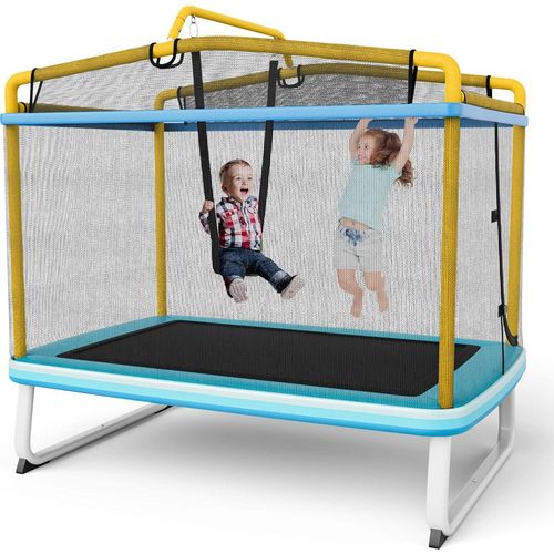 COSTWAY 3 in 1 Kindertrampolin, Gartentrampolin rechteckig mit Schaukel, Reckstange, Fitness Trampolin mit Sicherheitsnetz & Randabdeckung, Indoor-/Outdoortrampolin 190 x 124 x 172 cm Blau + Gelb