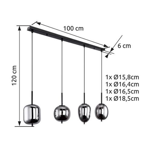 Hängelampe Blacky, schwarz/rauchgrau, Länge 110 cm, 4-flg.