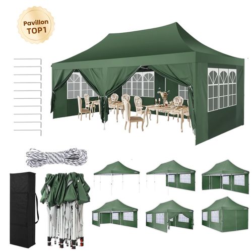 Pavillons & Partyzelte 3x6m, Festzelt Faltpavillon Gartenzelt für Garten Terrasse Feier Party, Wasserdicht & UV-Schutz mit 4 Seitenteilen und 2 Eingängen, 12 Heringe & 4 Seile & 1 Tragetasche, Grau