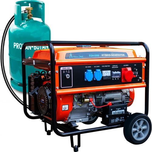 EXTRALINK EGH-5500 Stromgenerator Hybrid Gas LPG CNG Benzin Stromerzeuger 5,5kW 3F Generator 5000W Tankihalt 25L Überlastschutzsystem Überlastschutz Easy-Start 2x AC 230V Notstromagreggat Camping