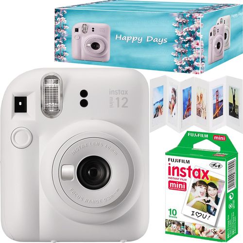 Fujifilm Instax Mini 12 Set – Sofortbildkamera in Clay White mit 10 Filmen, Akkordeon-Fotorahmen & Happy Days-Box