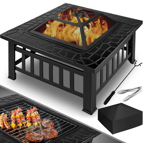 KESSER® Feuerstelle mit Grillrost & Grillzange Feuerschale 82x82x50cm, 3in1 Multifunktional Fire Pit für Heizung/BBQ Grill, Garten Terrasse , Metall Feuerkorb mit Schutzhülle Schürhaken Funkenschutz