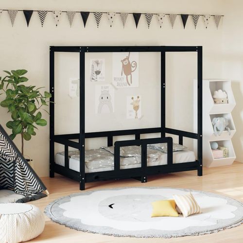 Kinderbett Massivholz Kiefer | Farbe: Schwarz | Größe: 70 x 140 cm