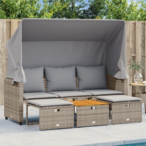 Outdoor-Sofa 3-Sitzer Mit Dach Und Hockern Poly Rattan | Farbe: Grau