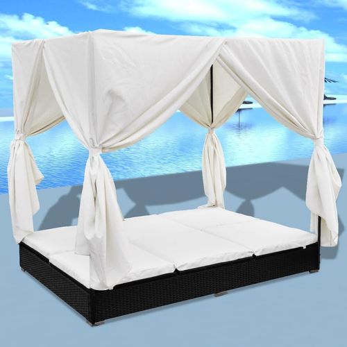 Outdoor-Loungebett Mit Vorhang Poly Rattan | Farbe: Schwarz