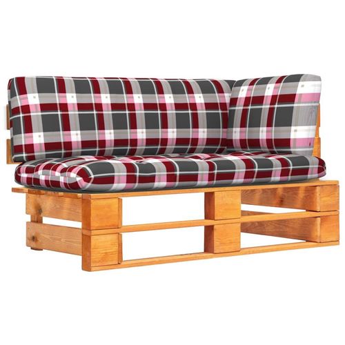 Outdoor- Paletten Kiefernholz Imprägniert Rotes Karomuster | Holzfarbe: Honigbraun | Modell: Ecksofa