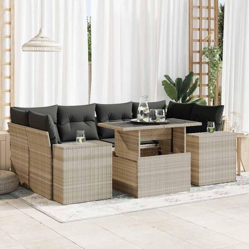 7-Tlg. Garten-Sofagarnitur Mit Kissen Schwarz Poly Rattan | Farbe: Hellgrau | Modell: mit Stauraum