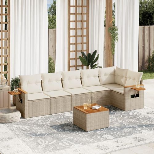 6-Tlg. Garten-Sofagarnitur Mit Kissen Beige Poly Rattan | Farbe: Beige und Creme | Modell: Mit Tisch