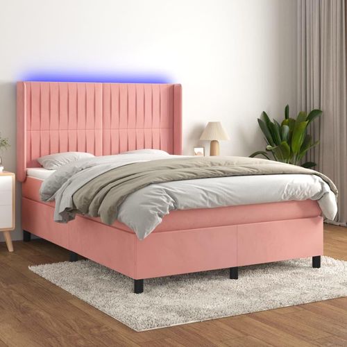 Boxspringbett Mit Matratze & Led Samt Rosa | Größe: 140 x 190 cm | Modell: Vertikale Streifen