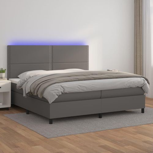 Boxspringbett Mit Matratze & Led Kunstleder Grau | Größe: 200 x 200 cm | Modell: Flach mit Nägeln