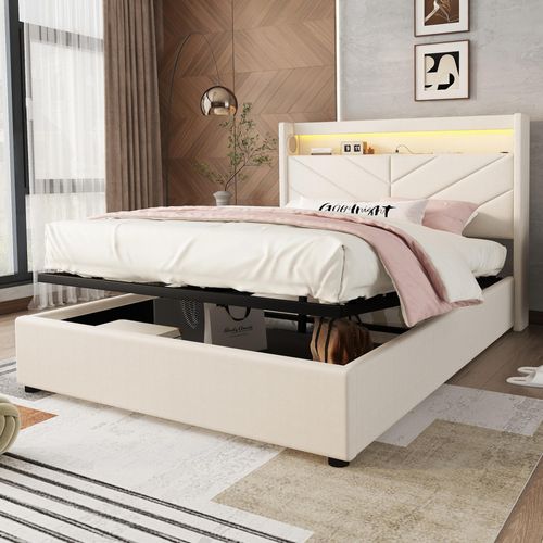 Polsterbett mit Ambientebeleuchtung, Hydraulik, USB & Stereoanlage, Leinen, 140x190cm, Beige
