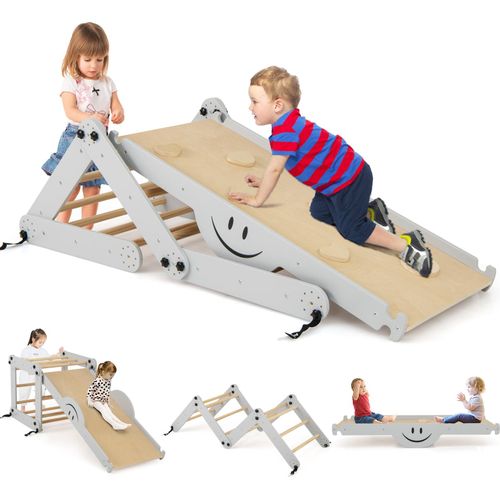 DREAMADE Holz Klettergeräte für Kleinkinder, Indoor-Dschungel-Gymnastik mit umkehrbarer Rampe, Wippe, verstellbarem Kletterer, über 3 Jahre alt(Grau)