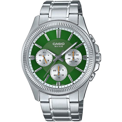 Quarzuhr, silber (edelstahlfarben, grün), CASIO TIMELESS COLLECTION, Armbanduhren, Herren, Armbanduhr, Herrenuhr, Edelstahlarmband, analog, Tag, Wochentag