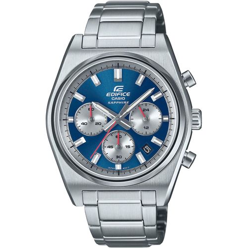 Chronograph CASIO EDIFICE, silber (silberfarben, blau, silberfarben), Armbanduhren, Herren, Quarzuhr, Armbanduhr, Herrenuhr,Edelstahlband,Saphirglas,Stoppfunktion