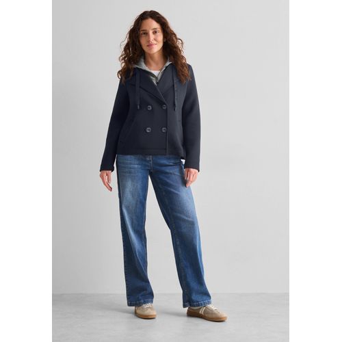 Kurzjacke CECIL, Damen, Gr. XL (44), blau (universal blau), Stoff, Obermaterial: 75% Polyester, 21% Viskose, 4% Elasthan; Kapuze: 80% Baumwolle, 20% Polyester, unifarben, casual, normal kurz, V-Ausschnitt, Langarm Bündchen, Jacken, aus elastischem Materialmix