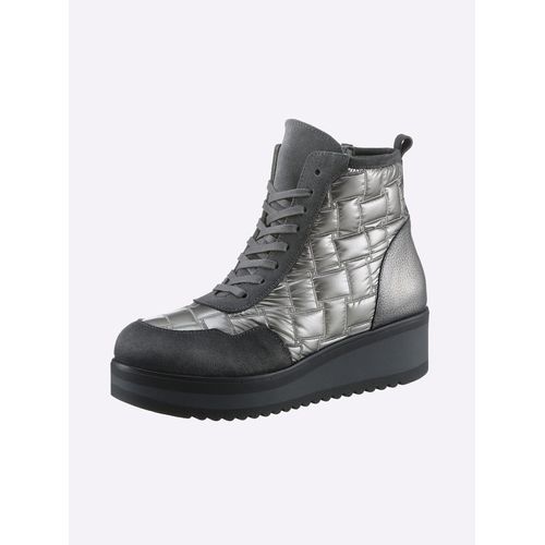 Schnürstiefelette HEINE, Damen, Gr. 36, grau (grau, metallic), Textil, Leder, Veloursleder, Veloursleder, modisch, Schuhe