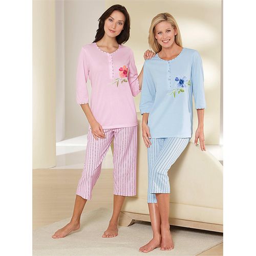 Schlafanzug ASCAFA, Damen, Gr. 40/42, bunt (rosé, bleu), 100% Baumwolle, 3/4-Ärmel, Homewear-Sets