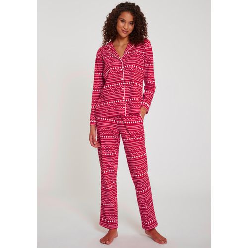Pyjama LASCANA, Damen, Gr. 36/38, rot (rot gemustert), Single Jersey, Obermaterial: 100% Baumwolle, gemustert, Basic, loose fit lang, Langarm eingesetzt Manschette, Homewear-Sets, mit Alloverprint