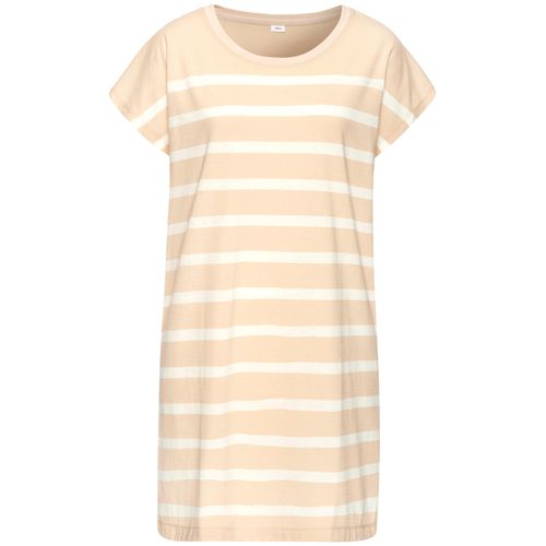 Nachthemd S.OLIVER, Damen, Gr. 32/34, N-Gr, beige (beige, weiß, gestreift), Single Jersey, Obermaterial: 60% Baumwolle, 40% Polyester, gestreift, unifarben, casual, loose fit mini, Rundhals, Kurzarm angeschnitten, Kleider, mit garngefärbten Streifen