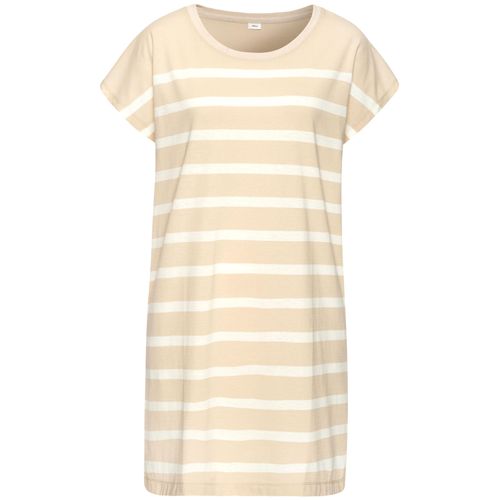 Nachthemd S.OLIVER, Damen, Gr. 44/46, N-Gr, beige (beige, weiß, gestreift), Single Jersey, Obermaterial: 60% Baumwolle, 40% Polyester, gestreift, unifarben, casual, loose fit mini, Rundhals, Kurzarm angeschnitten, Kleider, mit garngefärbten Streifen