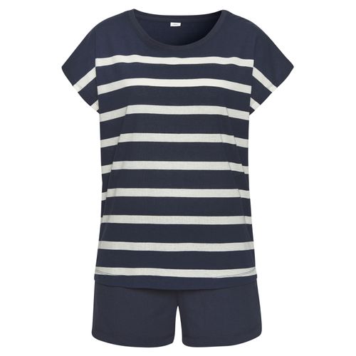 Shorty S.OLIVER, Damen, Gr. 40/42, blau (dunkelblau, weiß, gestreift), Single Jersey, Obermaterial: 60% Baumwolle, 40% Polyester, gestreift, unifarben, casual, loose fit kurz, Rundhals, Kurzarm angeschnitten, Homewear-Sets, mit garngefärbten Streifen im Oberteil