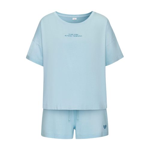 Shorty S.OLIVER, Damen, Gr. 48/50, blau (hellblau), Single Jersey, Obermaterial: 50% Baumwolle, 50% Viskose, modisch, lässig geschnitten kurz, Rundhals, Kurzarm angeschnitten abgesteppte Kante, Homewear-Sets, mit kleinem Frontprint