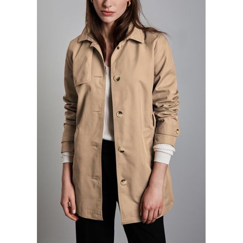 Trenchcoat STREET ONE, Damen, Gr. 42, beige (desert beige), Web, Obermaterial: 69% Baumwolle, 31% Polyester, unifarben, casual, klassisch ca. Mitte Oberschenkel, Rundhals, Langarm mit Knopf,mit Riegel, Mäntel, mit Gürtel zum Taillieren