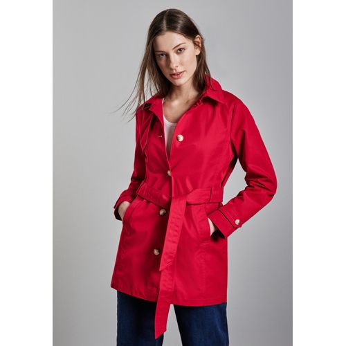 Trenchcoat STREET ONE, Damen, Gr. 44, rot (strong rot), Web, Obermaterial: 69% Baumwolle, 31% Polyester, unifarben, casual, klassisch ca. Mitte Oberschenkel, Rundhals, Langarm mit Knopf,mit Riegel, Mäntel, mit Gürtel zum Taillieren