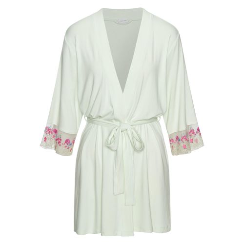 Kimono LASCANA, Damen, Gr. 32/34, grün (mint), Viskose, unifarben, Kurzform, Hausmäntel, mit schönen Spitzeneinsätzen