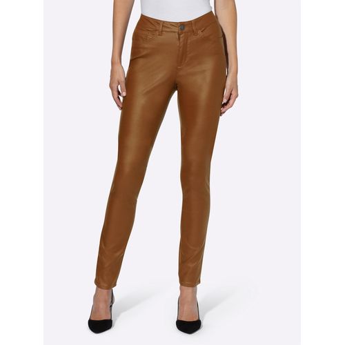 Röhrenhose HEINE, Damen, Gr. 17, Kurzgrößen, braun (cognac), 76% Viskose, 21% Polyamid, 3% Elasthan, Miedereinsatz:15% Elasthan, 85% Polyamid, unifarben, lang, Hosen