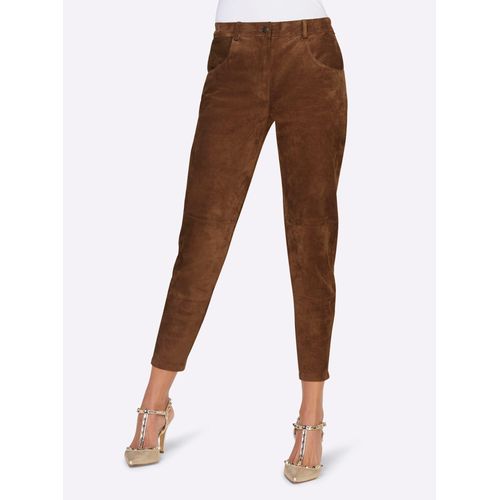 Lederhose HEINE, Damen, Gr. 42, Normalgrößen, braun (cognac), 100% Pork-Velours, unifarben, 7/8-Länge, Hosen