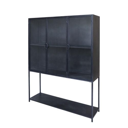 Chic Antique Vitrinenschrank mit 3 Türen und Regalen, H175/L140/B39,5 cm antique schwarz