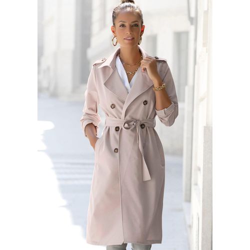 Trenchcoat LASCANA, Damen, Gr. 46, beige, Web, Obermaterial: 80% Polyester, 17% Viskose, 3% Elasthan, modisch, figurumspielend knielang, V-Ausschnitt, Langarm gerader Abschluss, Mäntel, zum Regulieren, leichter Damenmantel ohne Futter, casual-chic