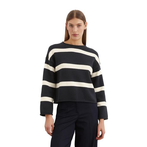 Streifenpullover MARC O'POLO, Damen, Gr. XL, striped, deep night blau, Strick, Obermaterial: 100% Baumwolle, casual, oversize, Rundhals, Langarm Rollkante, Pullover, das gestreifte, leicht verkürzte Oversize-Modell