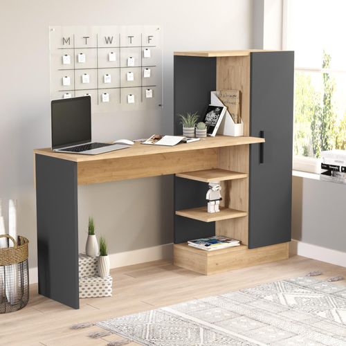 Schreibtisch mit integriertem Schrank ’Varhalo’ 120 x 153 x 40 cm Eichenoptik / Anthrazit