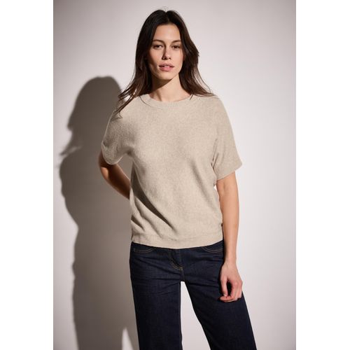 Kurzarmpullover CECIL, Damen, Gr. M (40), beige (desert beige melange), Feinstrick, 37% Baumwolle, 34% Polyacryl, 26% Polyester, 3% Elasthan, unifarben, casual, comfort fit normal, Rundhals, Kurzarm Bündchen, Pullover, mit Rundhalsausschnitt