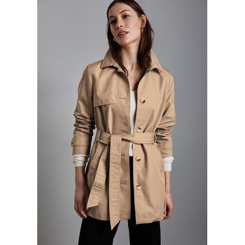 Trenchcoat STREET ONE, Damen, Gr. 44, beige (desert beige), Web, Obermaterial: 69% Baumwolle, 31% Polyester; Futter: 100% Polyester, unifarben, casual, gerade hüftbedeckend, V-Ausschnitt, Langarm Bündchen, Mäntel, mit Bindegürtel