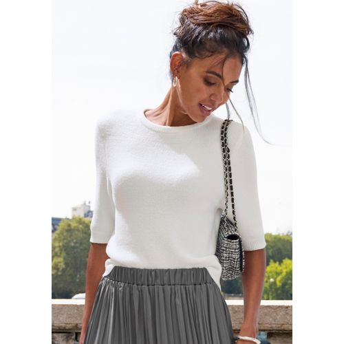 Kurzarmpullover LASCANA, Damen, Gr. 44/46, beige (creme), Rippstrick, Obermaterial: 80% Polyamid, 15% Viskose, 5% Polyester, unifarben, modisch, figurumspielend hüftlang, Rundhals, Kurzarm, Pullover, flauschiger Strickpullover, figurnaher Schnitt
