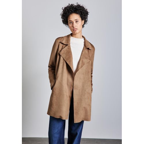 Trenchcoat STREET ONE, Damen, Gr. 42, braun (creamy braun), Stoff, 94% Polyester, 6% Elasthan, unifarben, casual, normal, V-Ausschnitt, Langarm Bündchen, Mäntel, aus elastischem Materialmix