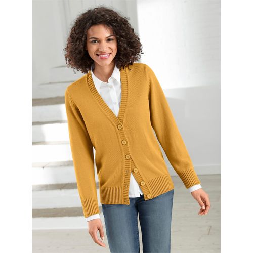 Strickjacke CASUAL LOOKS, Damen, Gr. 54, gelb (maisgelb), 50% Baumwolle, 50% Polyacryl, unifarben, figurumspielend, Langarm, Strickjacken