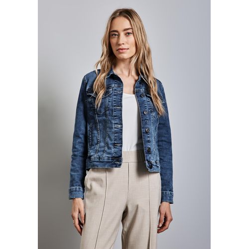 Jeansjacke STREET ONE, Damen, Gr. 44, mid blau random, Web, 82% Baumwolle, 15% Polyester, 3% Elasthan, unifarben, casual, comfort fit normal, V-Ausschnitt, Langarm Bündchen, Jacken, mit Brusttaschen