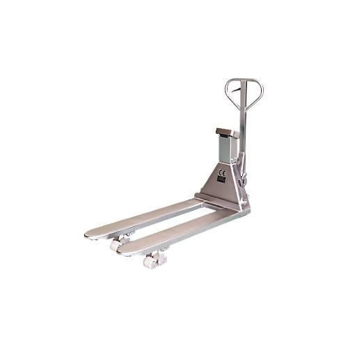 Schefer Gabelhubwagen Premium Edelstahl, mit Waage, Tragfähigkeit 2000 kg, Teilung 0,5 kg, Gabellänge 1150 mm