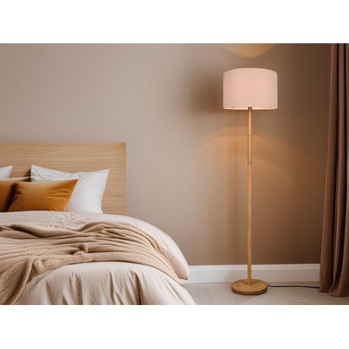 Große LED Stehlampe Holzlampe mit Stoffschirm für Wohnzimmer hinter Sofa & Flur