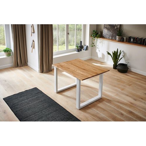 Refurbished Möbelretoure Baumkantentisch Esstisch Wildeiche 80 x 80 cm weiß SERRA