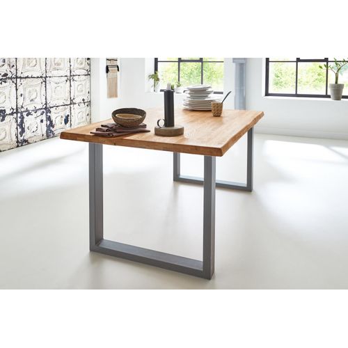 Refurbished Möbelretoure Baumkantentisch Esstisch Wildeiche 80 x 80 cm silber grau SERRA