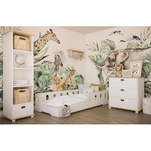 Kinderbett Bodenbett 90x200 cm weiß-natur mit Rausfallschutz und Lattenrost, bodentief Bett Jugendbett Einzelbett 200x90