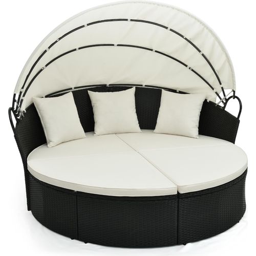 COSTWAY Sonnenliege Rattan, Gartenliege mit Kissen & einziehbarem Baldachin, Sonneninsel für 2-3 Personen 187x180x157cm